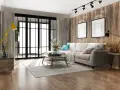Soggiorno moderno con divano beige, tavolino in legno, lampada gialla e parete effetto legno. Un esempio di come ristrutturare appartamento con stile.