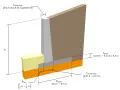 Schema di un muro di contenimento in cemento armato con dimensioni e proporzioni indicate.