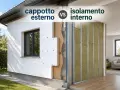 Confronto tra cappotto esterno in polistirene e isolamento interno. La facciata mostra pannelli isolanti bianchi, mentre l'interno rivela la struttura metallica con lana di roccia.