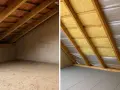Sottotetto prima e dopo l'isolamento con lana di roccia per sottotetto. Ora è pronto per essere abitato!