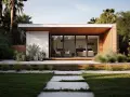 Moderna casa prefabbricata con ampie vetrate e tetto spiovente. Ottimi tetti prefabbricati prezzi al mq per un design contemporaneo.