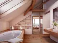 Bagno nel sottotetto non abitabile con vasca, lavandini e vista panoramica. Legno e luce creano un'atmosfera rilassante.