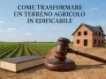 Martelletto da giudice su un libro aperto, con un campo agricolo e una casa in costruzione. La trasformazione di un **tipo particella fondiaria o edificabile**.