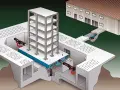 Illustrazione di un sistema di isolamento sismico per case antisismiche, con un edificio a più piani su una piattaforma mobile e attuatori idraulici.