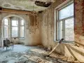 Interno di una casa a botte in rovina, con pareti scrostate, soffitto sfondato e un vecchio mobile.
