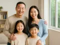 Famiglia sorridente, pronta a presentare i documenti per idoneità alloggiativa.