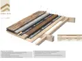 Struttura di copertura con tetto in legno a vista, strati isolanti e tegole. Dettaglio tecnico del pacchetto Sarda Pack SP110.