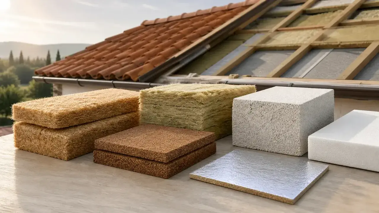 Vari materiali isolanti, tra cui pannelli per rasante termico per esterno, disposti davanti a un tetto in fase di ristrutturazione.