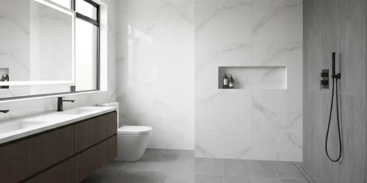 Bagno moderno con doppio lavabo, wc sospeso e doccia a filo pavimento con pendenza per un drenaggio ottimale.