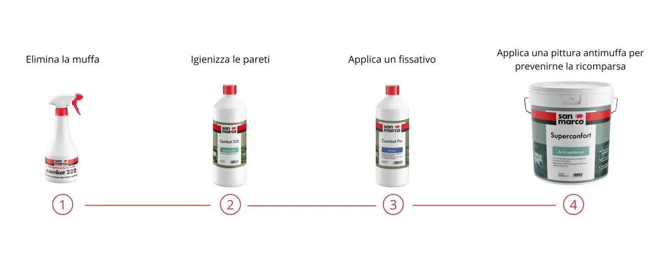 Passaggi per un efficace trattamento antimuffa prima di pitturare: elimina, igienizza, fissa e applica pittura protettiva.
