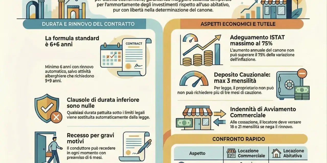 Guida pratica locazione commerciale: durata 6+6 anni, deposito cauzionale max 3 mensilità, imposta registro 2%.