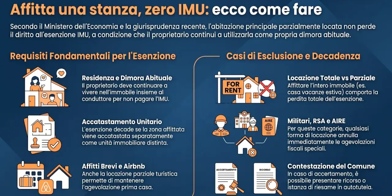 Affittare una stanza permette di mantenere l'agevolazione prima casa e zero IMU, se si continua a risiedere nell'immobile.