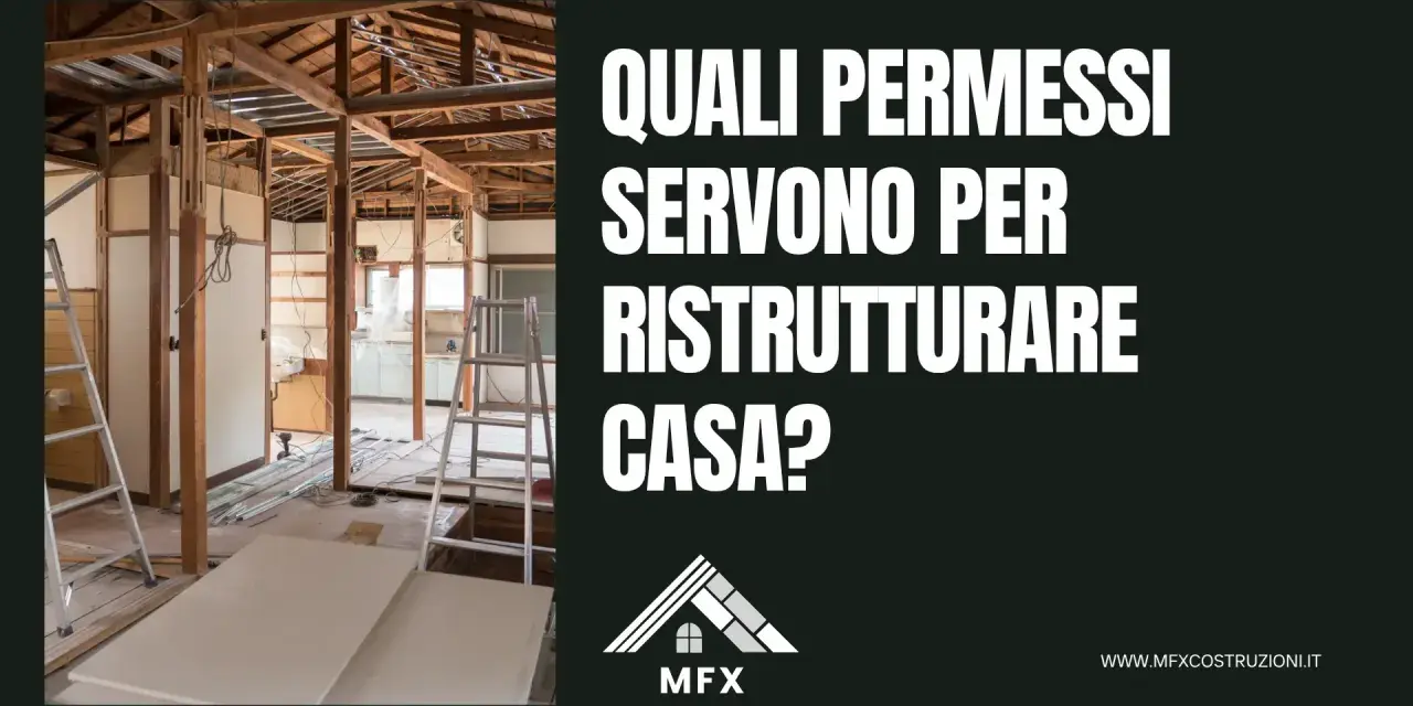 Interno di una casa in ristrutturazione, con travi a vista e scale. Il testo chiede quali permessi servono per la ristrutturazione, escludendo l'edilizia libera.