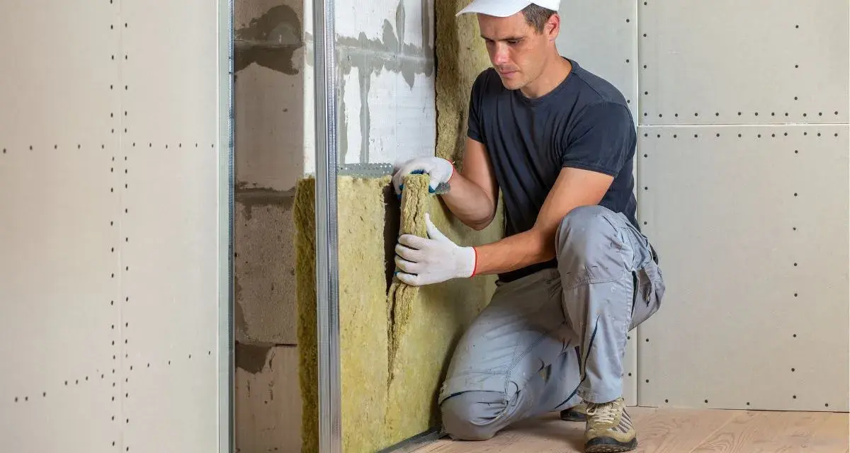 Operaio installa materiale isolante, il **miglior isolante acustico per pareti interne**, in una struttura metallica per un'ottima insonorizzazione.