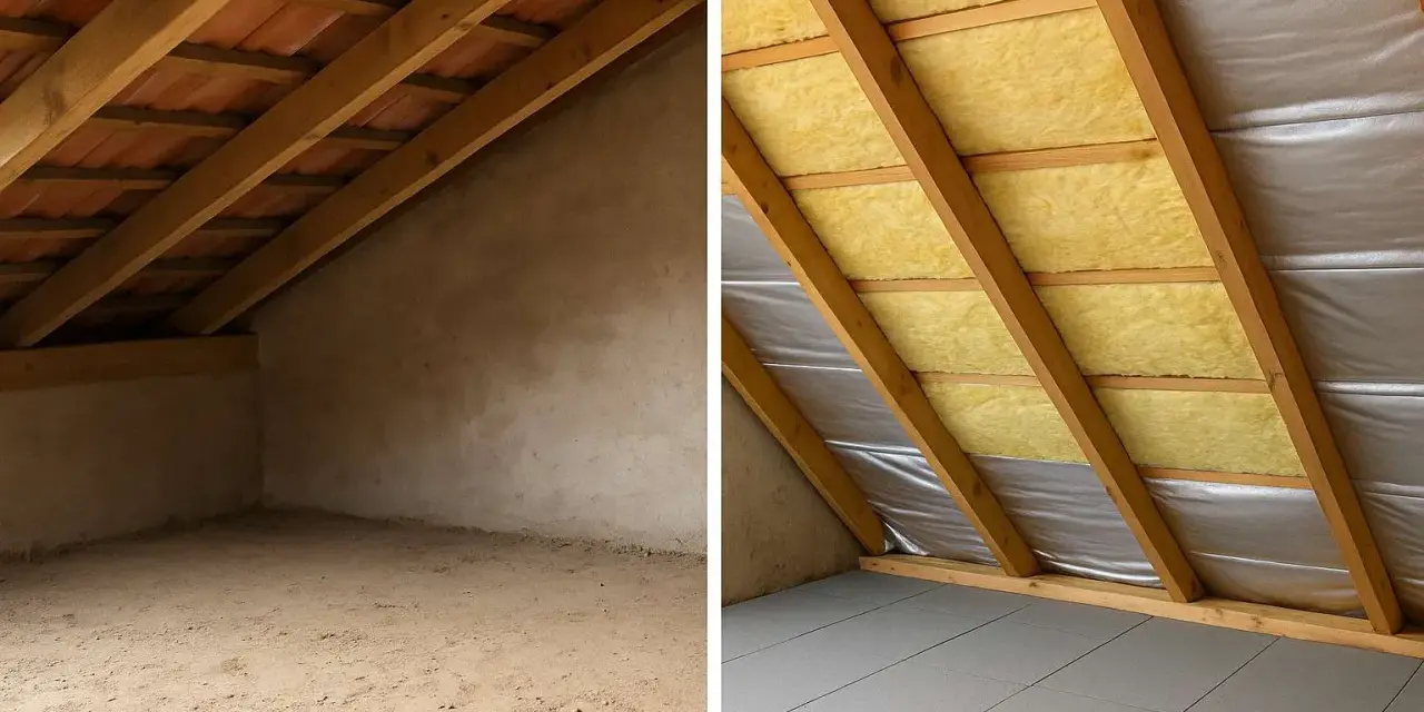 Sottotetto prima e dopo l'isolamento con lana di roccia per sottotetto. Ora è pronto per essere abitato!