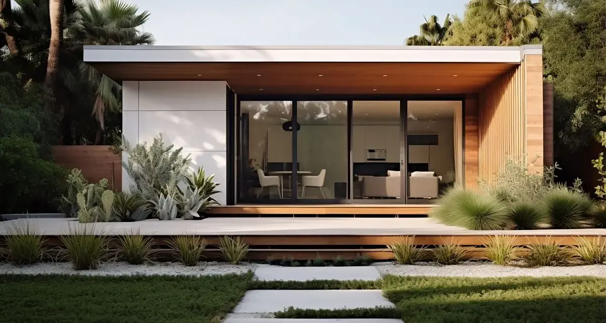 Moderna casa prefabbricata con ampie vetrate e tetto spiovente. Ottimi tetti prefabbricati prezzi al mq per un design contemporaneo.