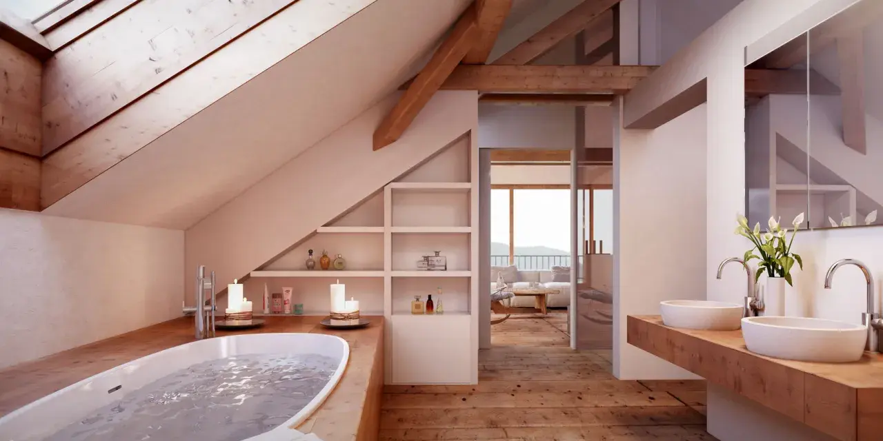Bagno nel sottotetto non abitabile con vasca, lavandini e vista panoramica. Legno e luce creano un'atmosfera rilassante.