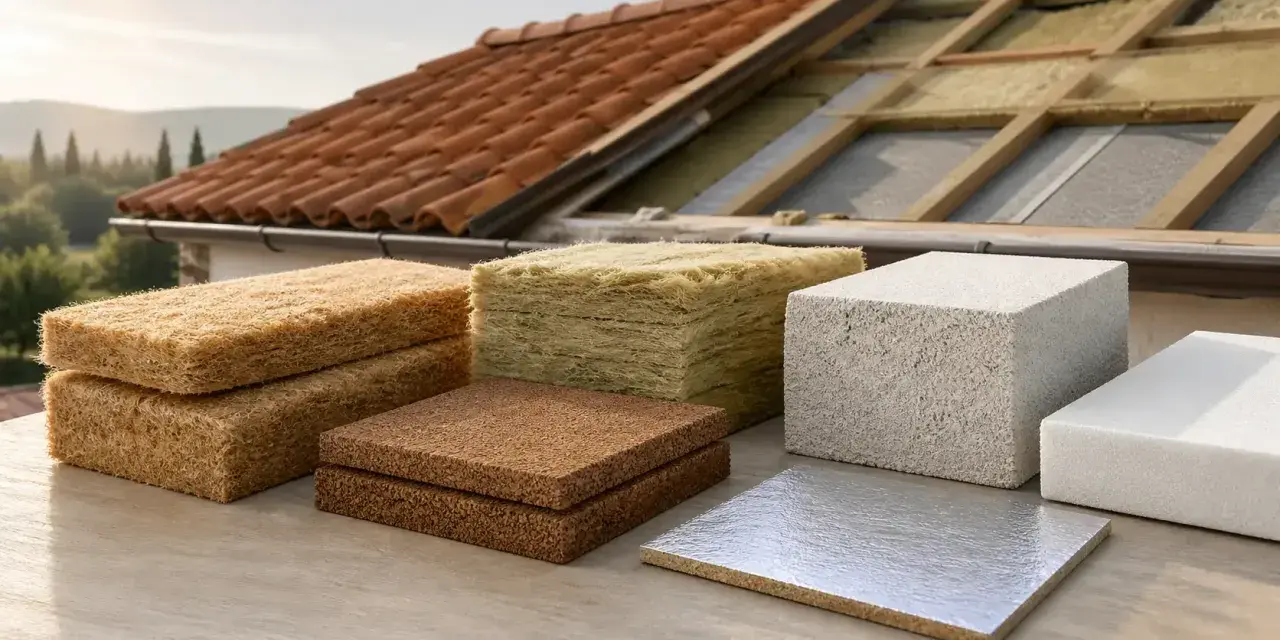 Vari materiali per la coibentazione del tetto, tra cui fibra di legno, lana di roccia e polistirene, pronti per l'installazione su una struttura in legno.