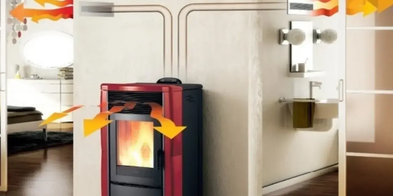 Stufa a pellet rossa con canalizzazione per distribuire il calore in più stanze.