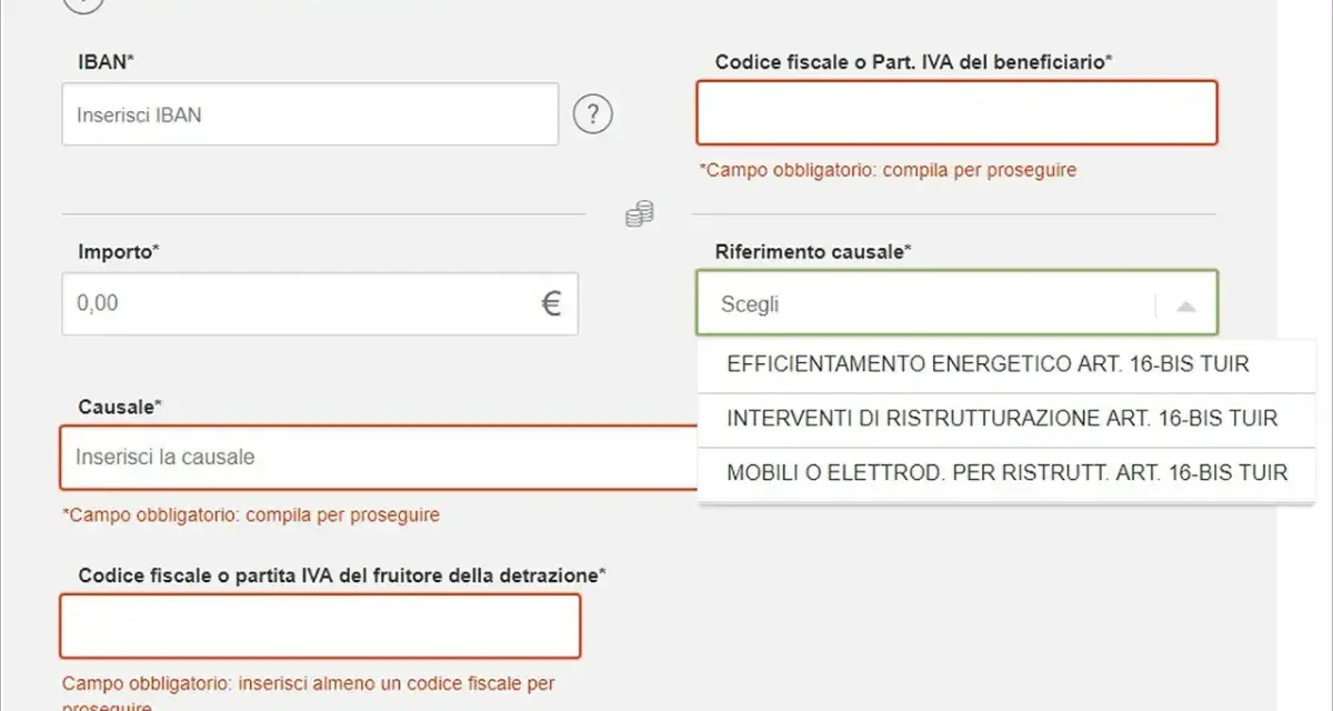 Compilazione bonifico per risparmio energetico. Seleziona "Efficientamento energetico" per la causale.