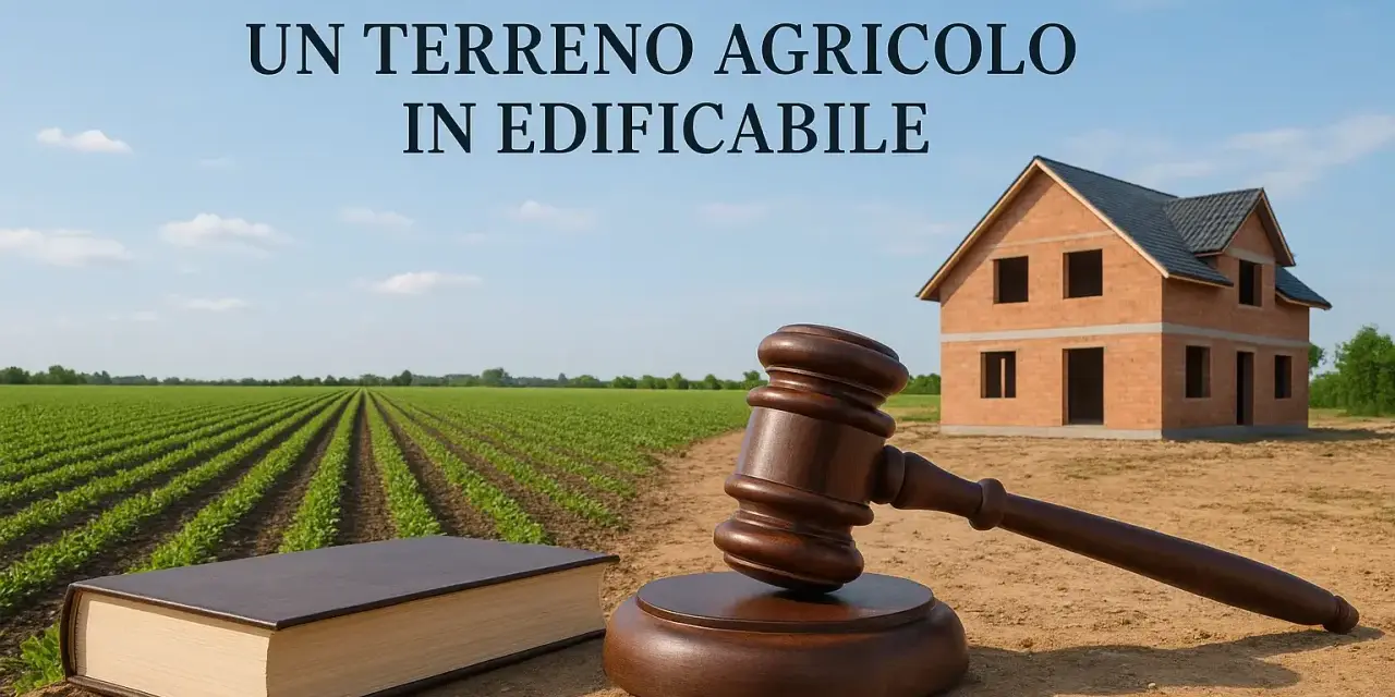 Martelletto da giudice su un libro aperto, con un campo agricolo e una casa in costruzione. La trasformazione di un **tipo particella fondiaria o edificabile**.