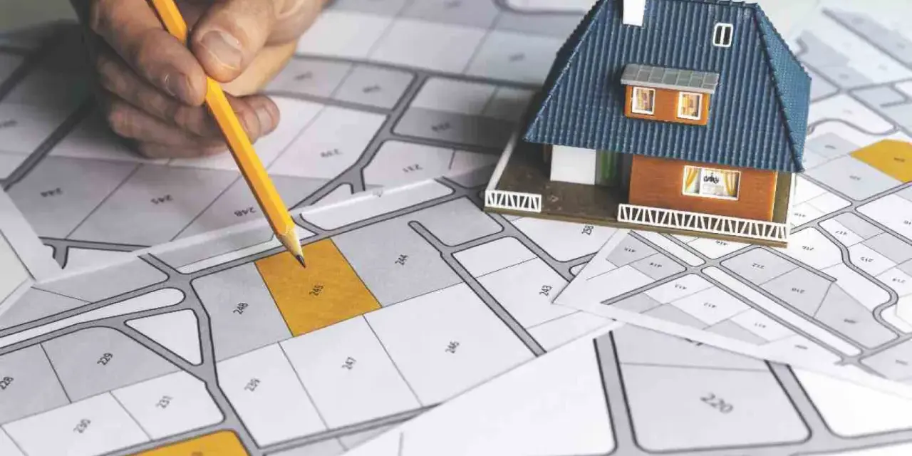 Mano con matita su mappa catastale, con modellino di casa. Pianificazione immobiliare, categoria catastale D10.