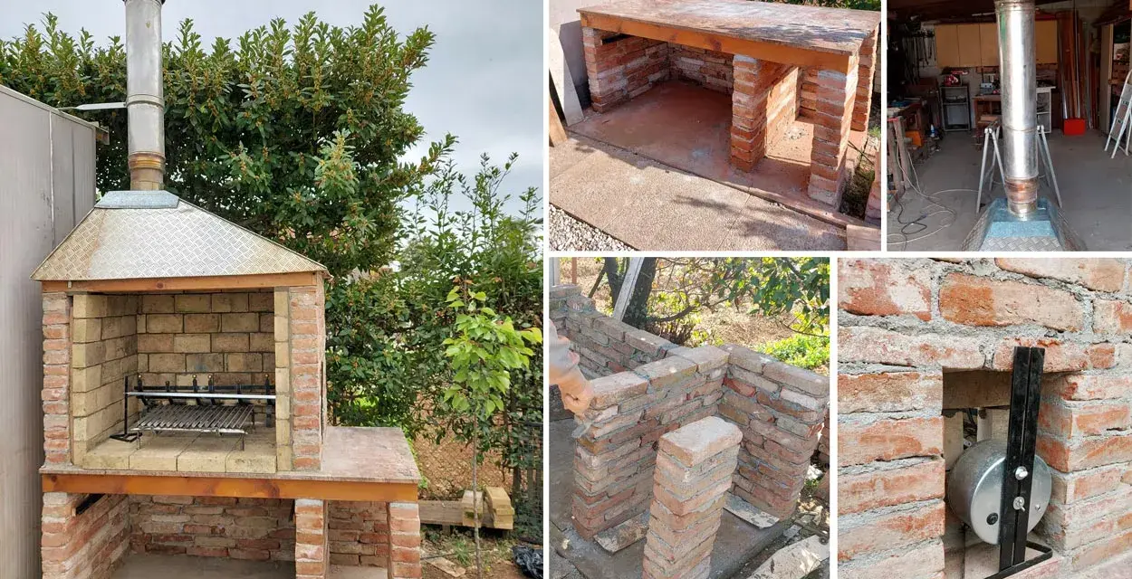Costruzione di un barbecue fai da te in pietra, con dettagli sulla muratura e la canna fumaria.