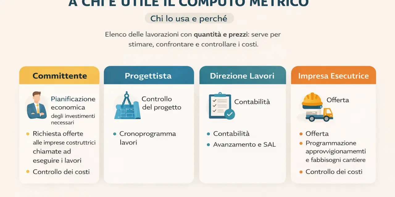 Il computo metrico, fondamentale per stimare quanto costa un progetto, è utile a Committente, Progettista, Direzione Lavori e Impresa Esecutrice.