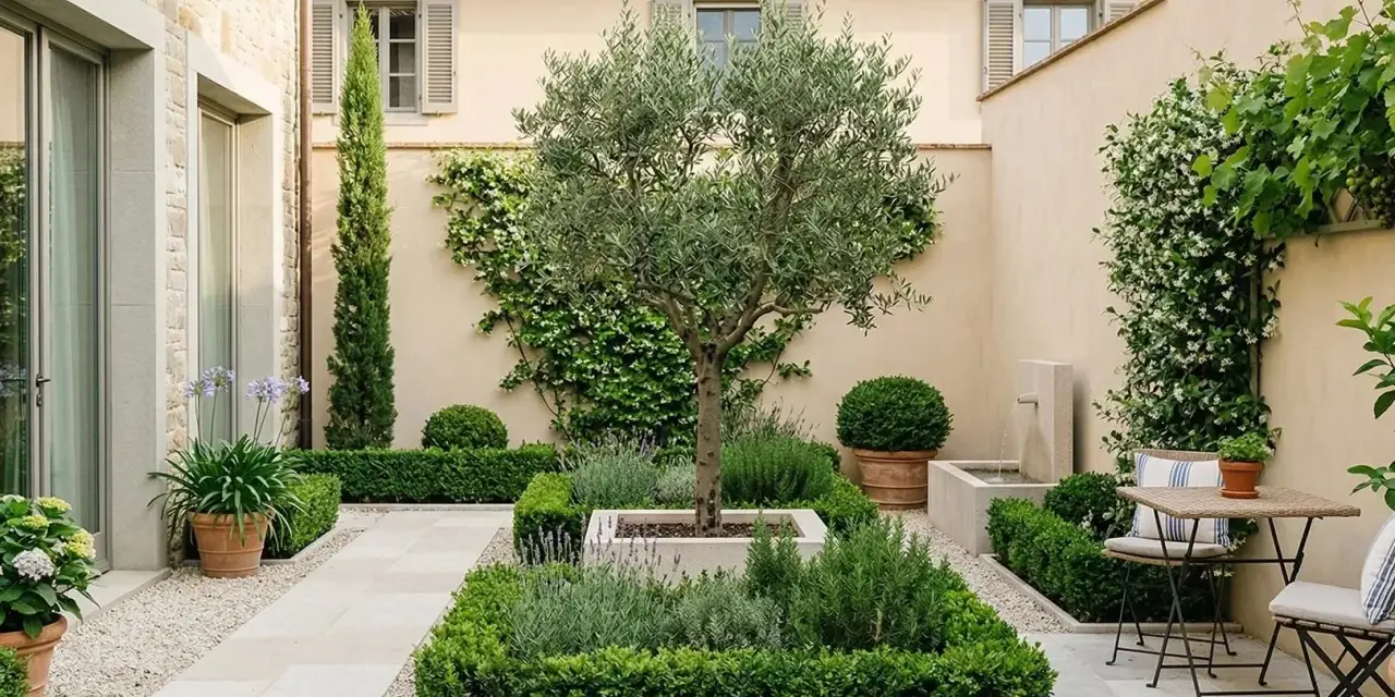 Giardino curato con ulivo centrale, aiuole geometriche e fontana. Belle idee muretto giardino per definire gli spazi.