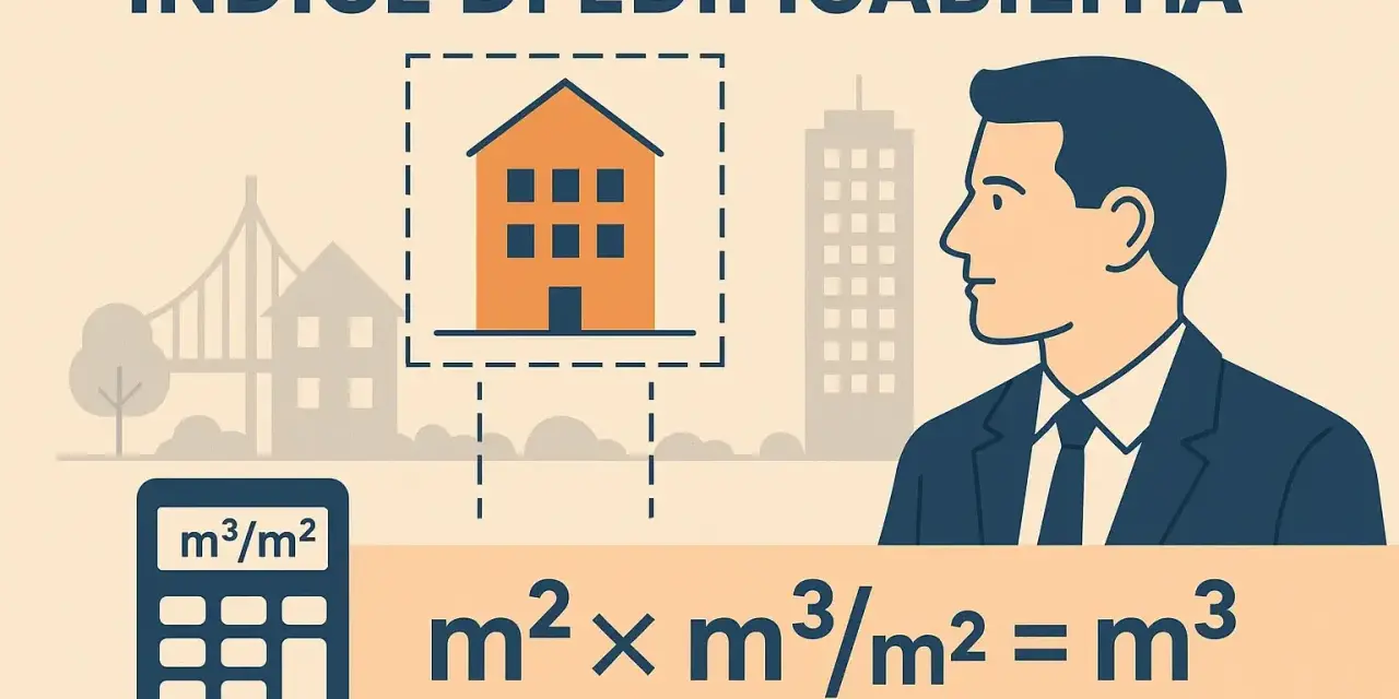 Calcolo dell'indice di edificabilità mq/mq: un uomo d'affari osserva una casa e una formula matematica con una calcolatrice.