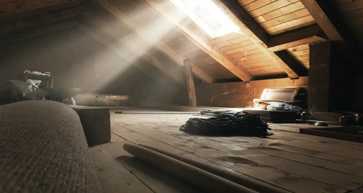 Raggi di sole illuminano un sottotetto non abitabile, pieno di oggetti dimenticati e travi di legno.