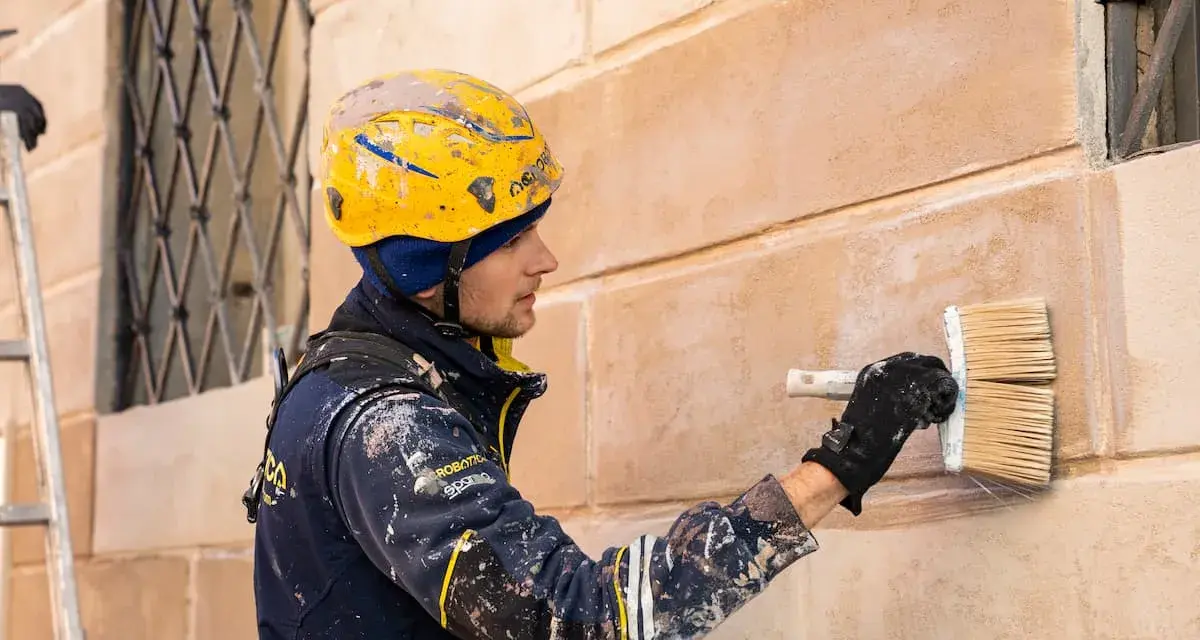 Operaio con casco giallo applica soluzione per pulire muro esterno con candeggina.