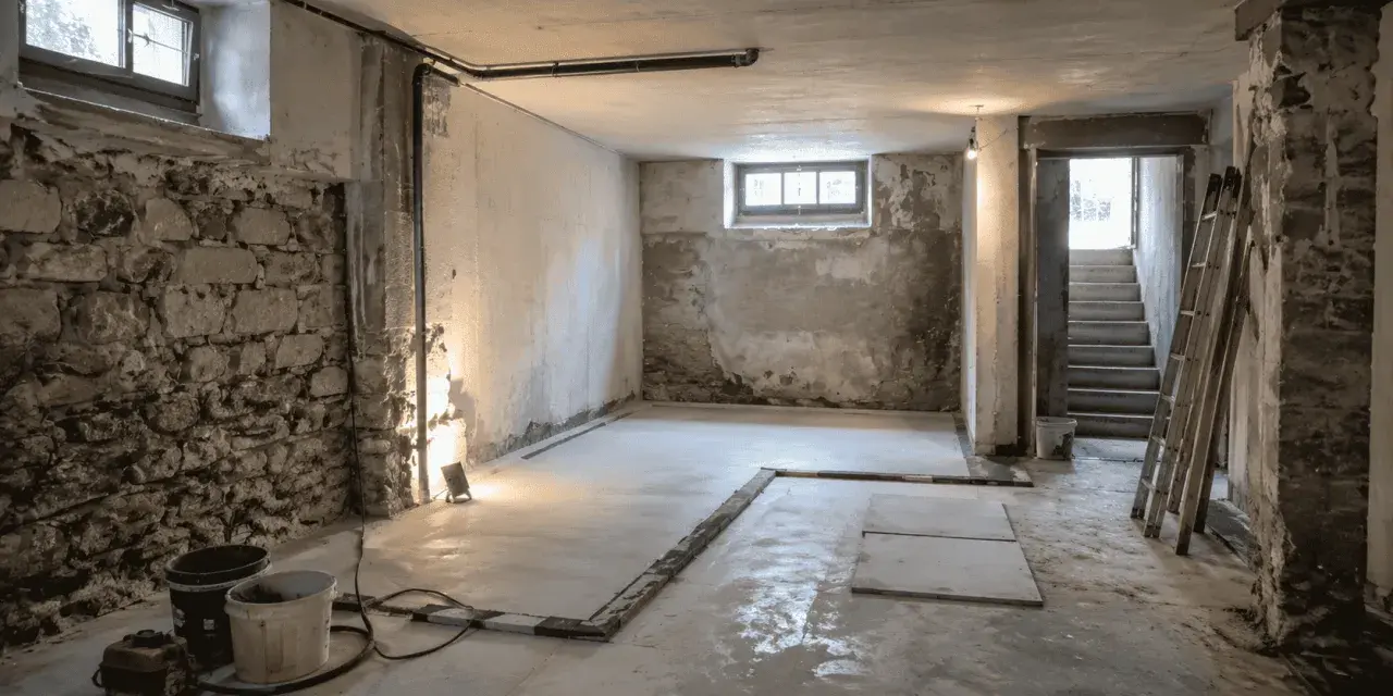 Cantina in ristrutturazione, con pareti in pietra grezza e cemento. Si nota la preparazione per l'isolamento del pavimento umidità.