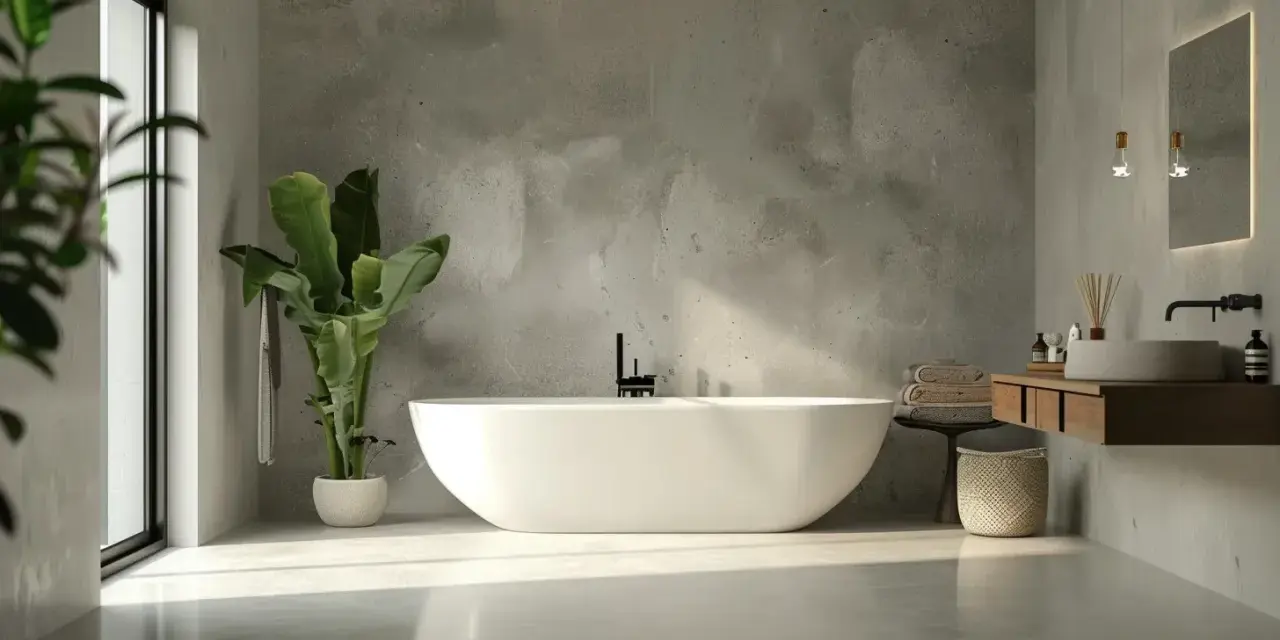 Bagno moderno con vasca freestanding e lavabo sospeso. Le pareti effetto resina creano un'atmosfera zen.