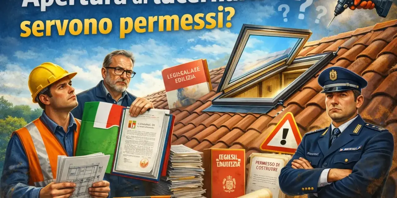 Operai e vigile esaminano documenti su un tetto con lucernario aperto. Attenzione ai **lucernari abusivi** e alle relative **sanzioni**.