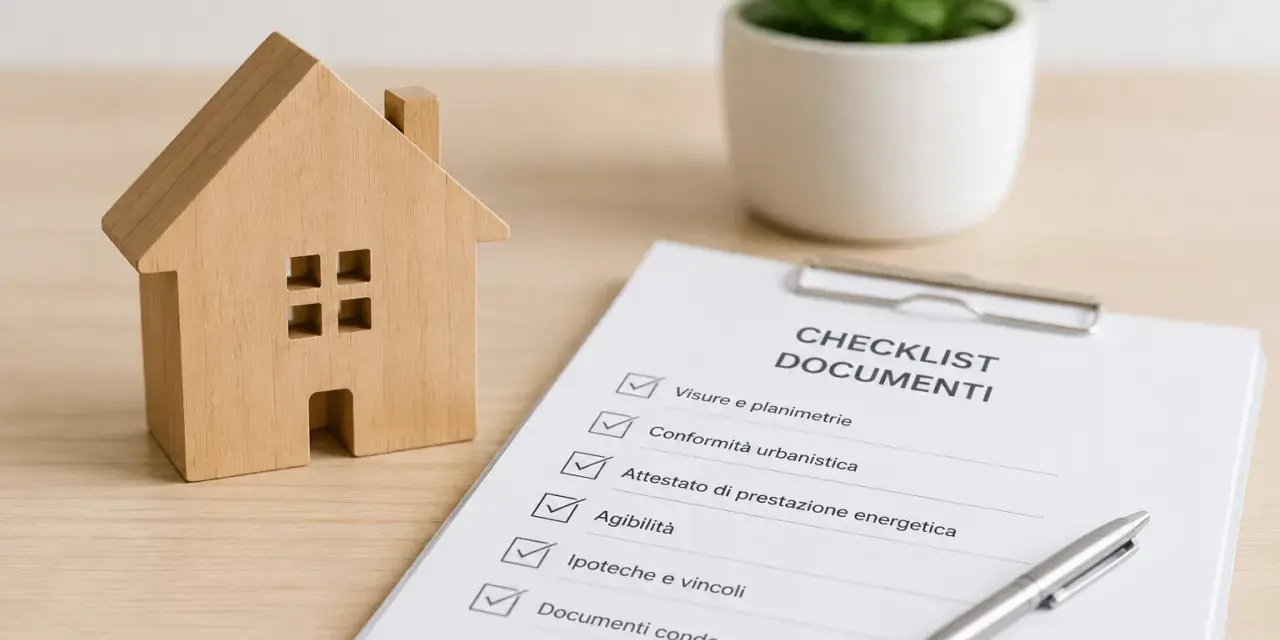 Modello di casa in legno accanto a un checklist documenti, ideale per un esempio capitolato casa nuova costruzione.