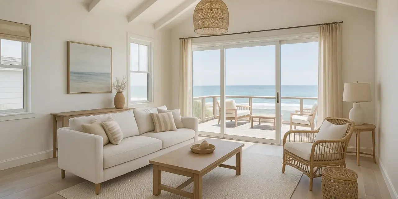 Soggiorno luminoso con vista mare, perfetto per idee ristrutturazione casa al mare. Divano bianco, tavolino in legno e poltrona in rattan creano un'atmosfera rilassante.