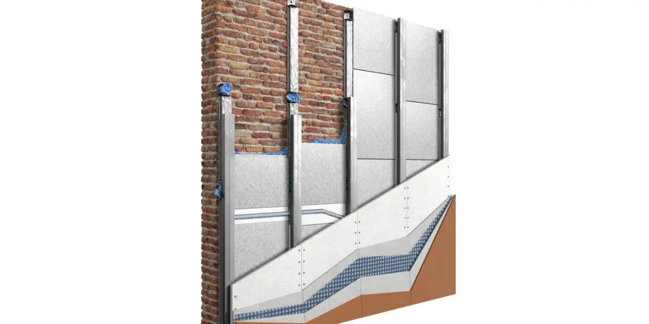 Sezione di una parete con isolamento in materiale EPS, pannelli metallici e finitura in mattoni.