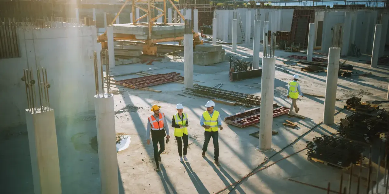 Un cantiere edile con operai in giubbotti ad alta visibilità. Il general contractor cos'è? È chi coordina i lavori, gestendo fornitori e tempi per un progetto di successo.