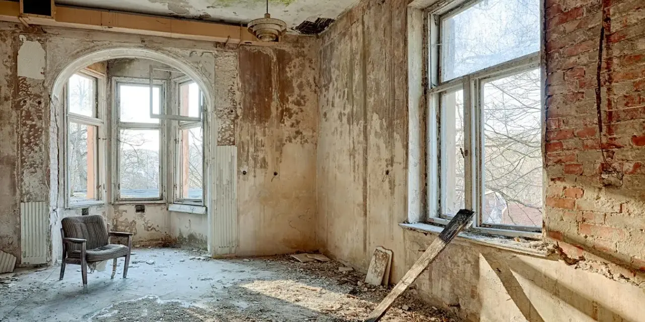 Interno di una casa a botte in rovina, con pareti scrostate, soffitto sfondato e un vecchio mobile.