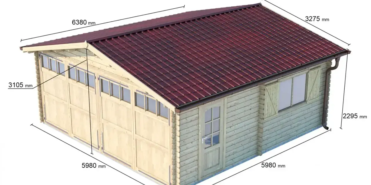 Garage in legno per 2 auto, con dimensioni 5980x6380 mm. Ideale per ospitare due veicoli, offre spazio e protezione.