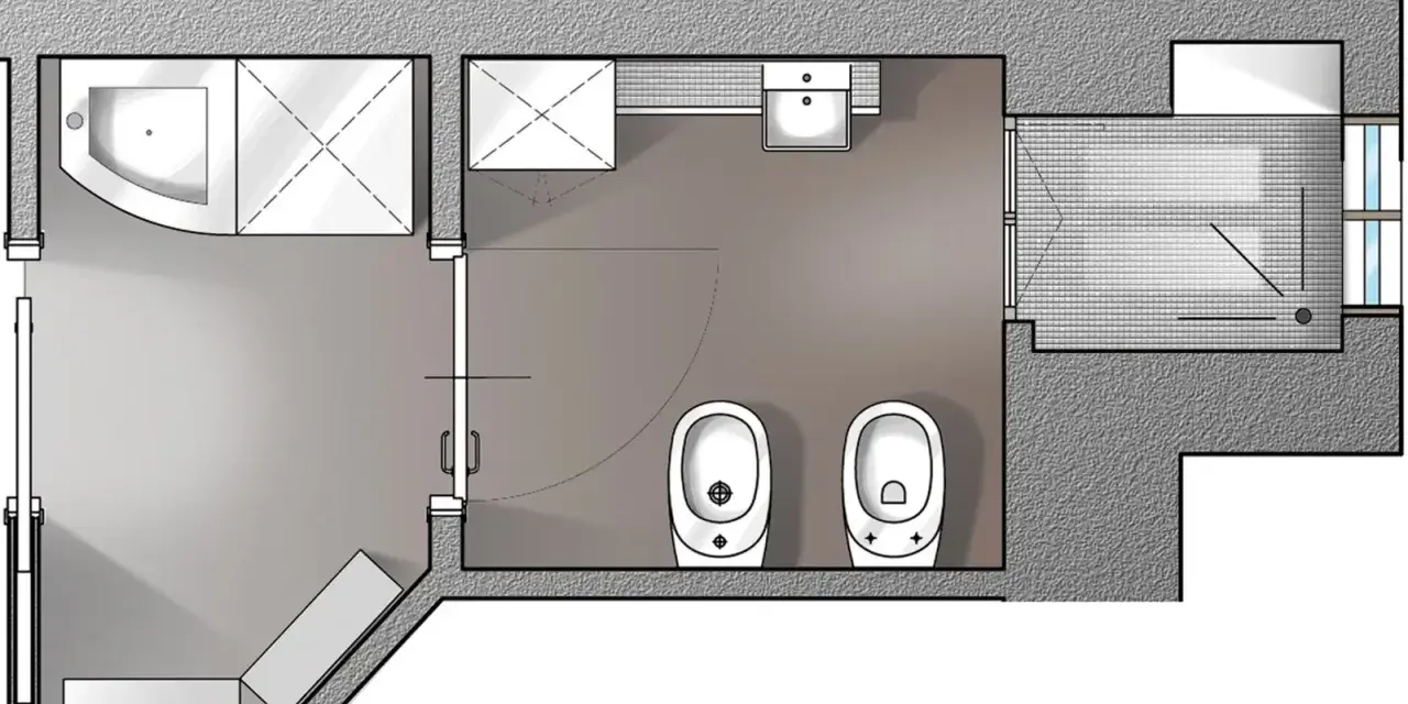 Pianta di un bagno con doccia, lavandino, due WC e un bidet. L'antibagno obbligatorio è ben visibile.