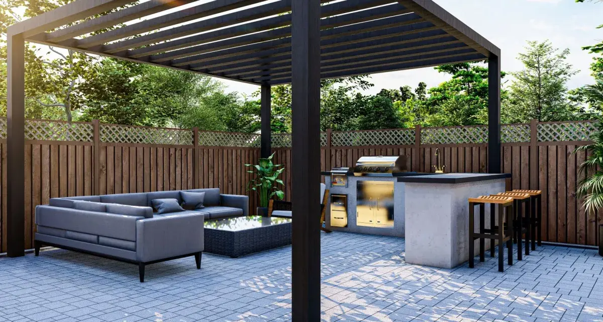 Pergolato moderno con zona relax e cucina esterna, ideale per chi cerca come coprire un terrazzo dalla pioggia e godersi lo spazio all'aperto.