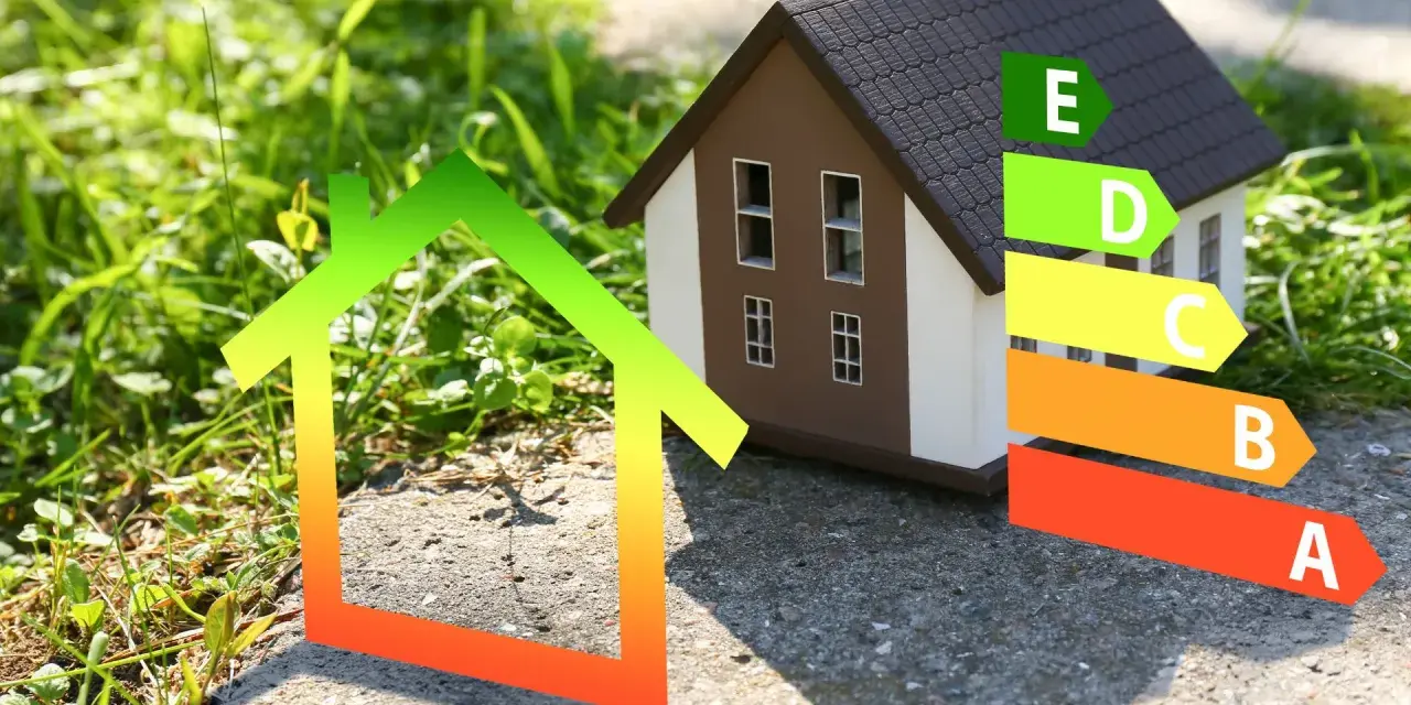 Modello di casa con etichetta energetica e simbolo di casa verde, per la normativa casa green.