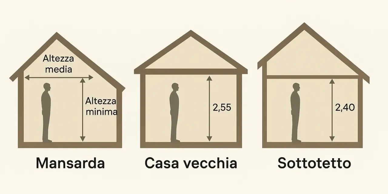 Illustrazione mostra l'altezza minima abitabilità in mansarda, casa vecchia e sottotetto.