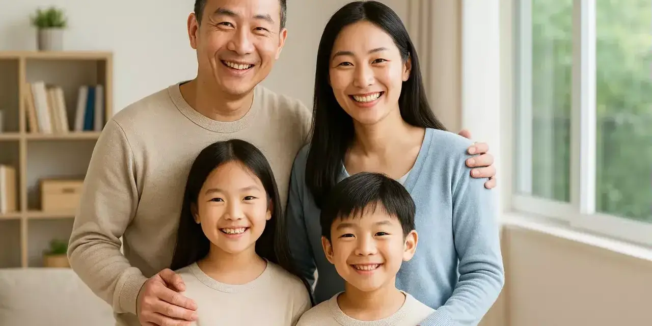 Famiglia sorridente, pronta a presentare i documenti per idoneità alloggiativa.