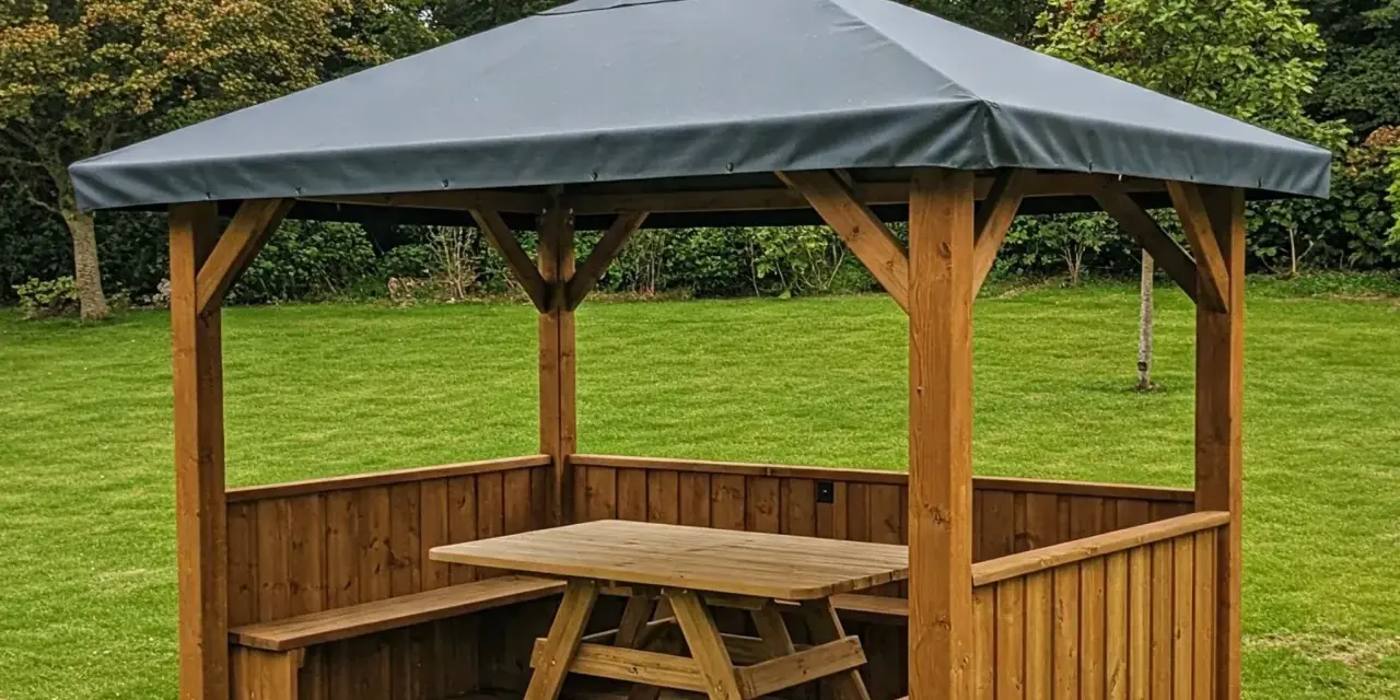 Gazebo in legno con tavolo e panche, perfetto per idee gazebo fai da te in giardino.