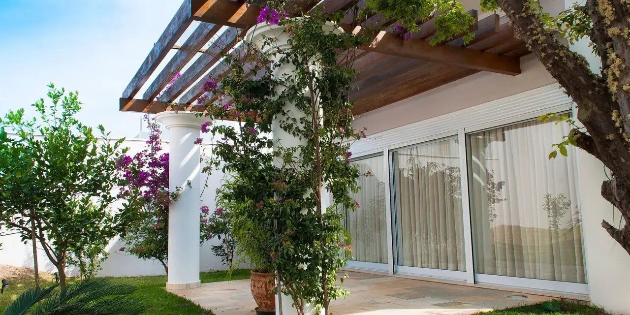 Un pergolato in legno e piante rampicanti per decorare muri esterni giardino.