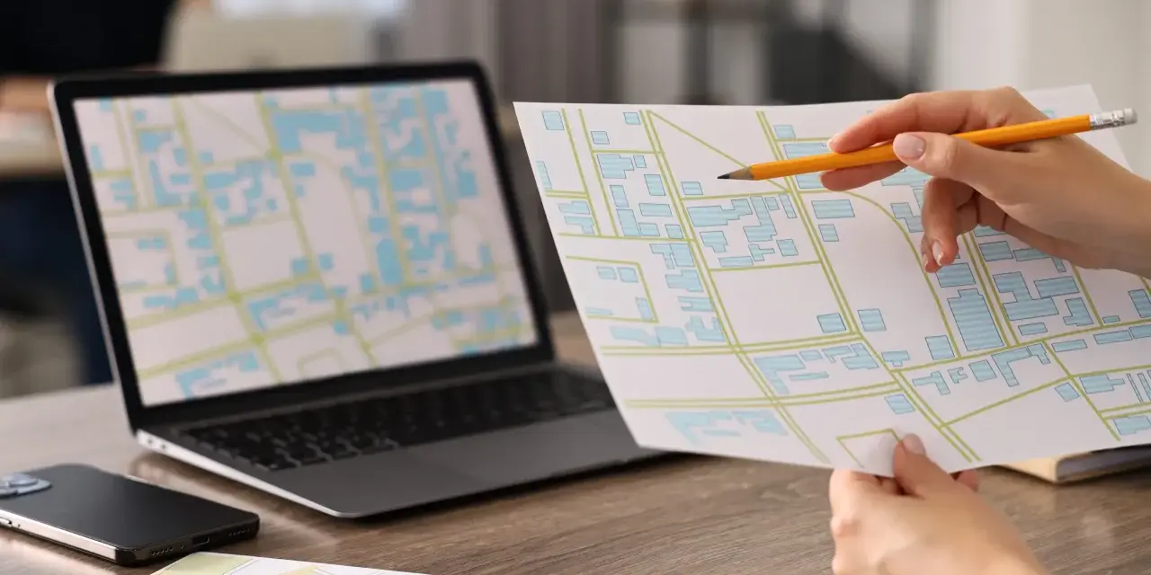 Mano con matita analizza mappa con edifici, forse per una **categoria catastale a3**. Laptop con mappa simile sullo sfondo.