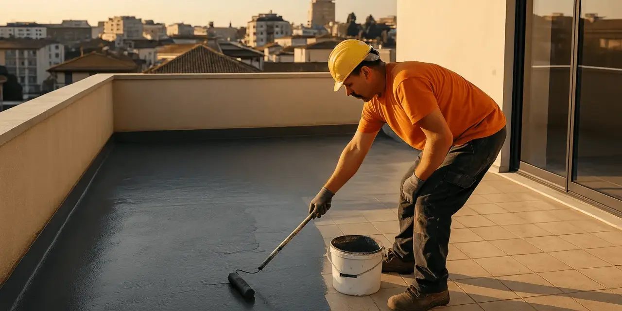 Operaio con casco giallo applica impermeabilizzante su un terrazzo, un vero rifacimento terrazzo a regola d'arte.